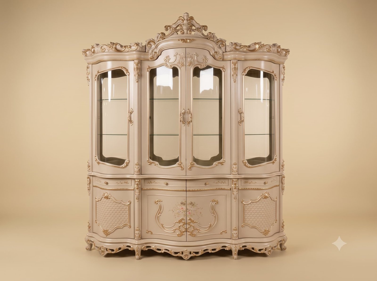 Display Cabinet with Drawers in Carved Teak and Painted Panels