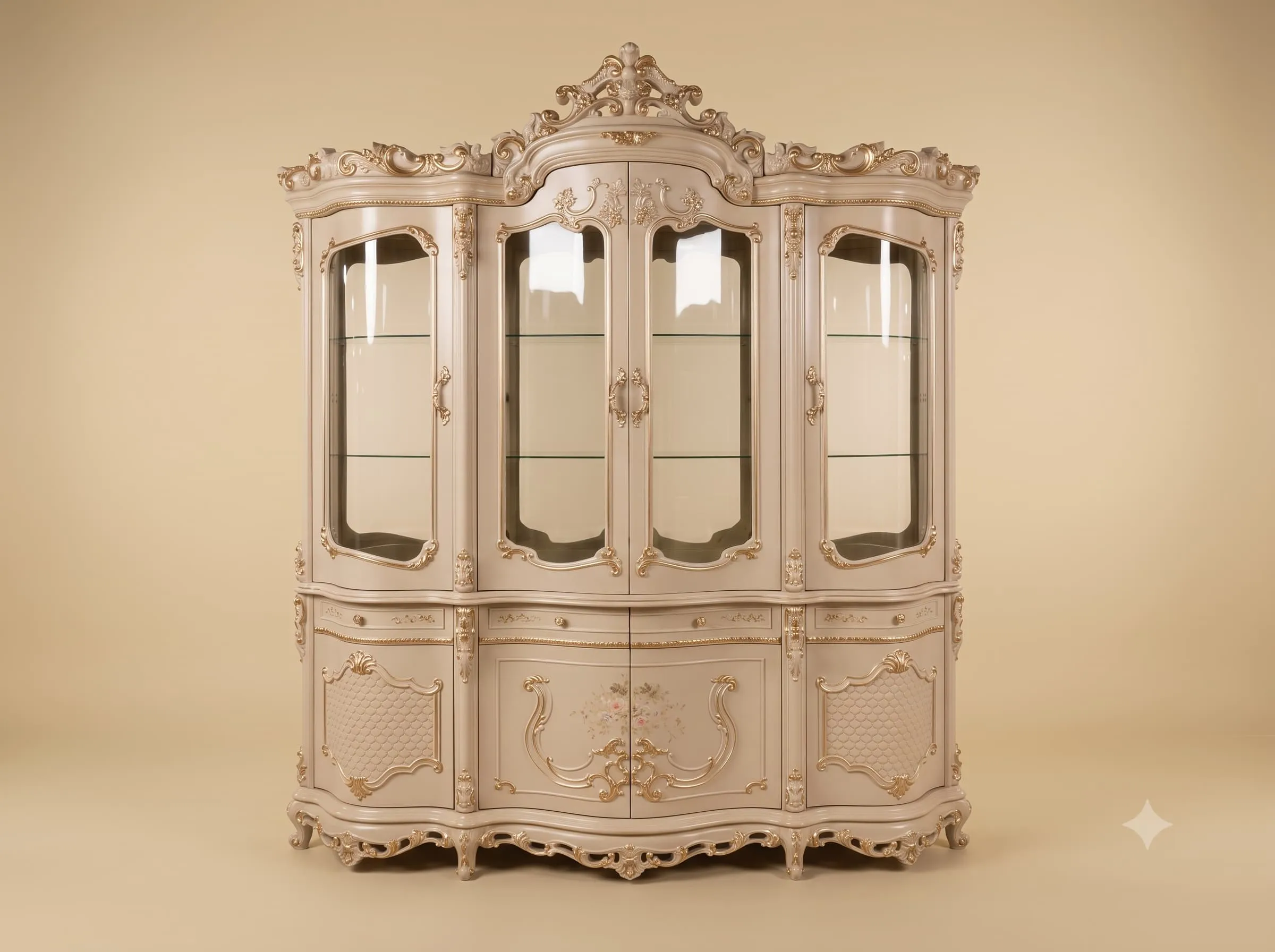 Display Cabinet with Drawers in Carved Teak and Painted Panels