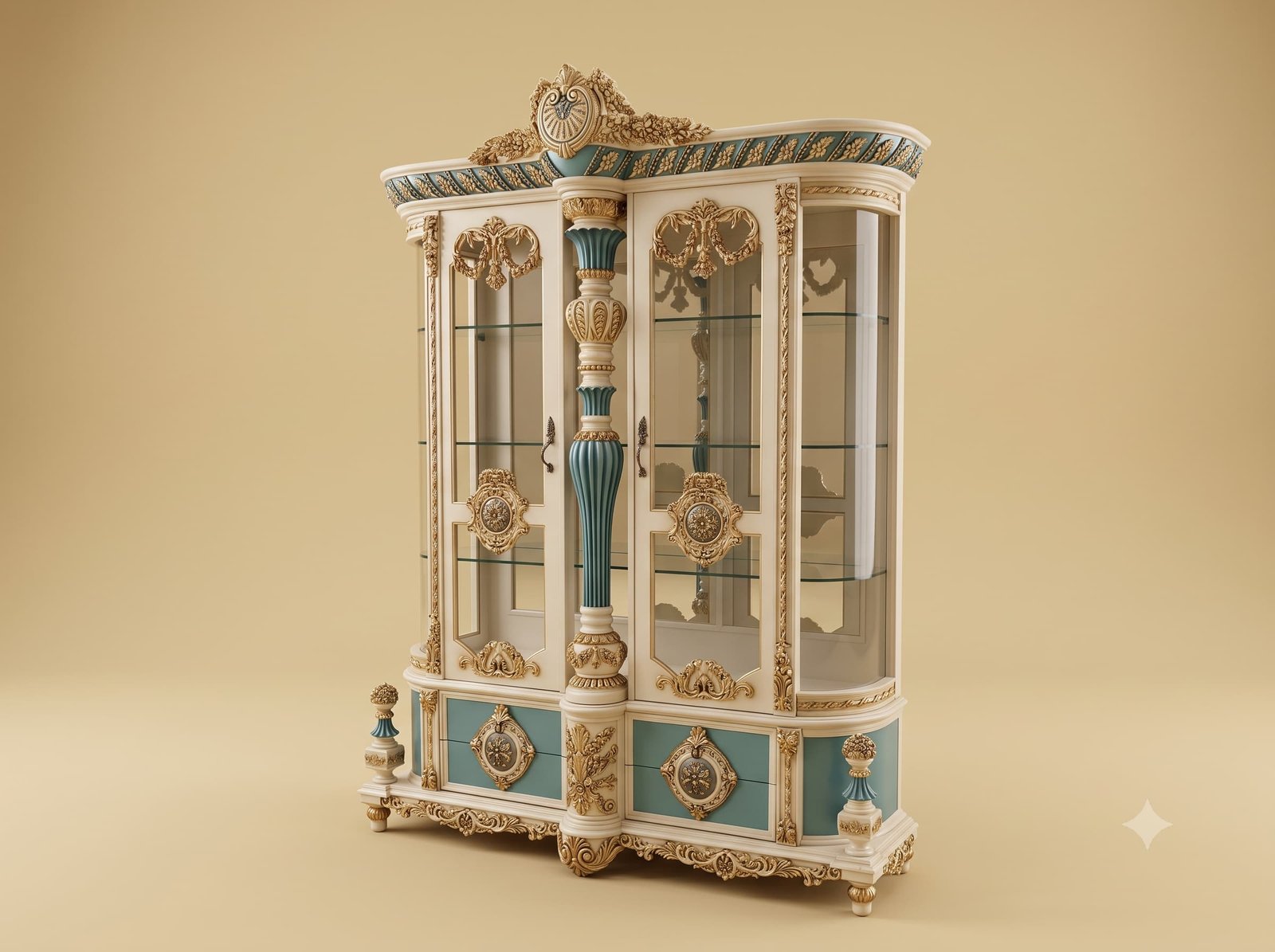 Showcase with Drawers in Carved Teak with Turned Centre Column