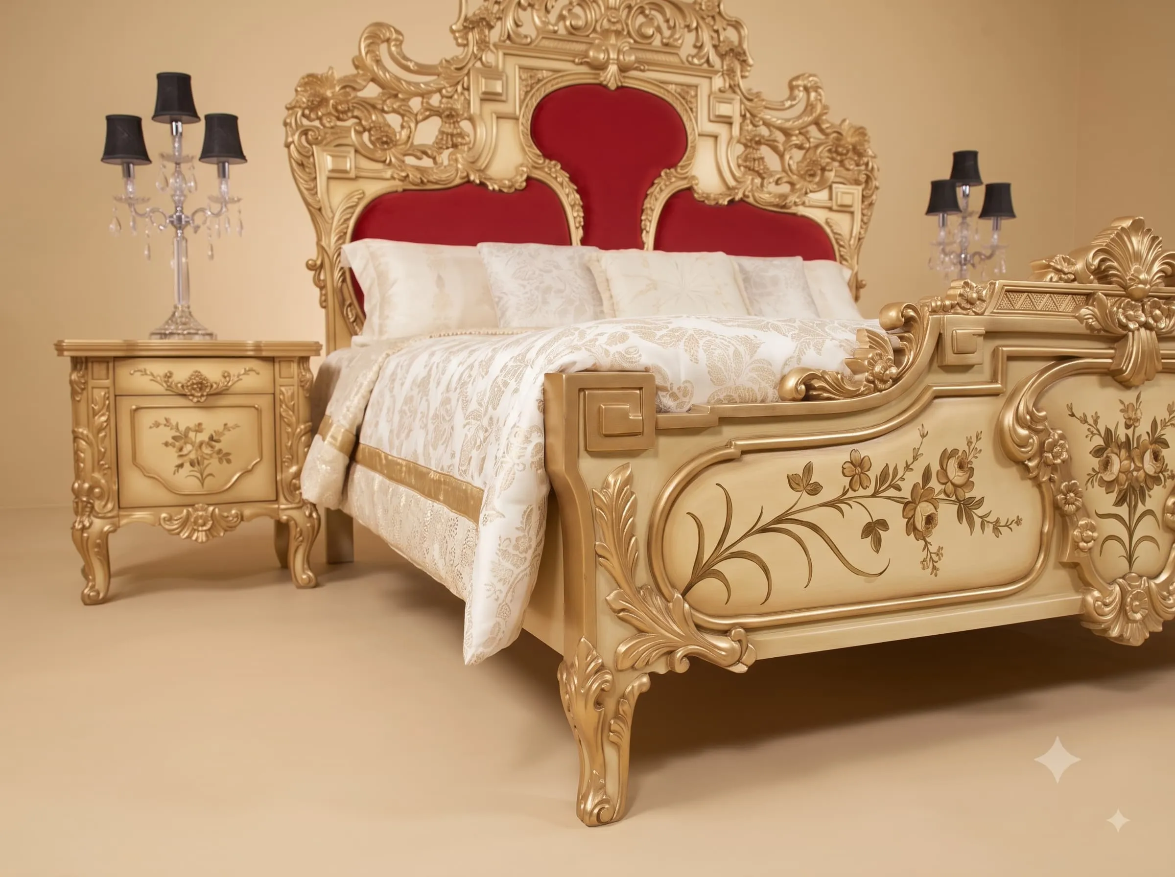 Hand Painted Bed in Carved Teak - Ivory and Gold with Red Panels