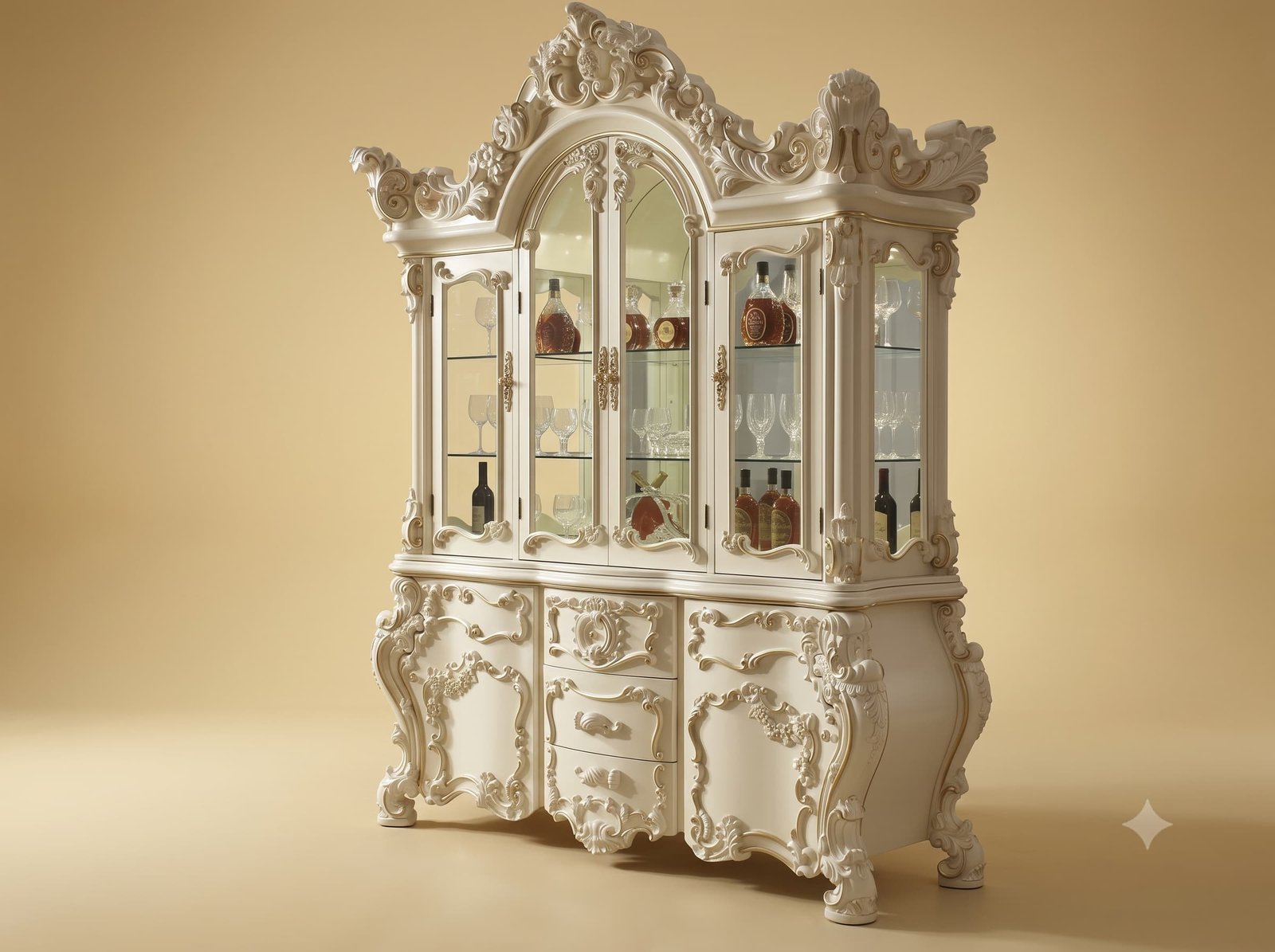 Bar Cabinet in Carved Teak with Glazed Display and Bombe Base