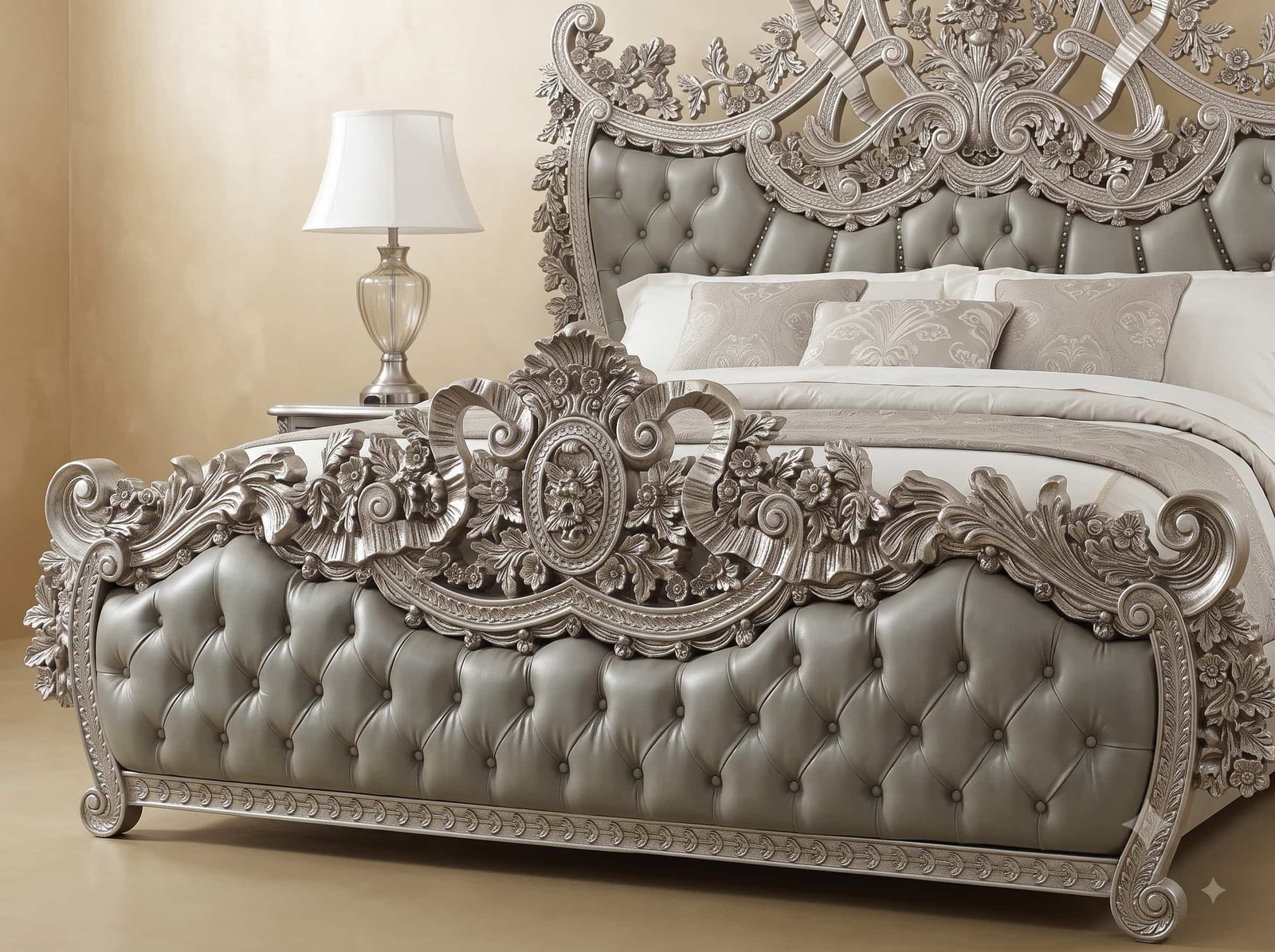 Silver Bed Design in Carved Teak - Grey Leather with Ribbon Carving - Image 4