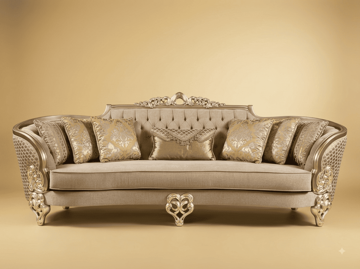 Royal Luxury Handcrafted Carved Teak Sofa | Champagne and Oatmeal Linen