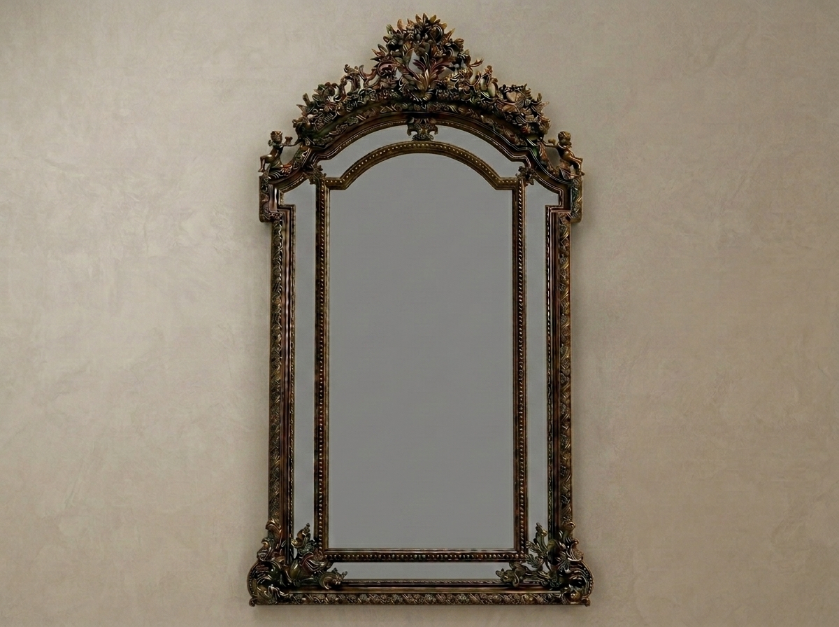 Hand Carved Italian Luxury Long Teak Wood Mirror Frame | Antique Gold PU Polish Full Length Wall Mirror