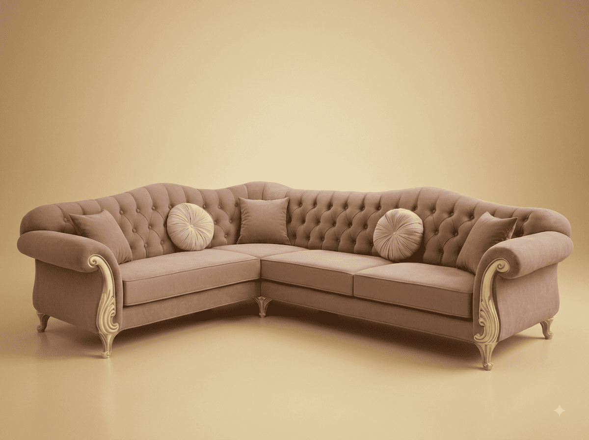 Chesterfield Sofa in Carved Teak - Taupe Velvet with Rolled Arms