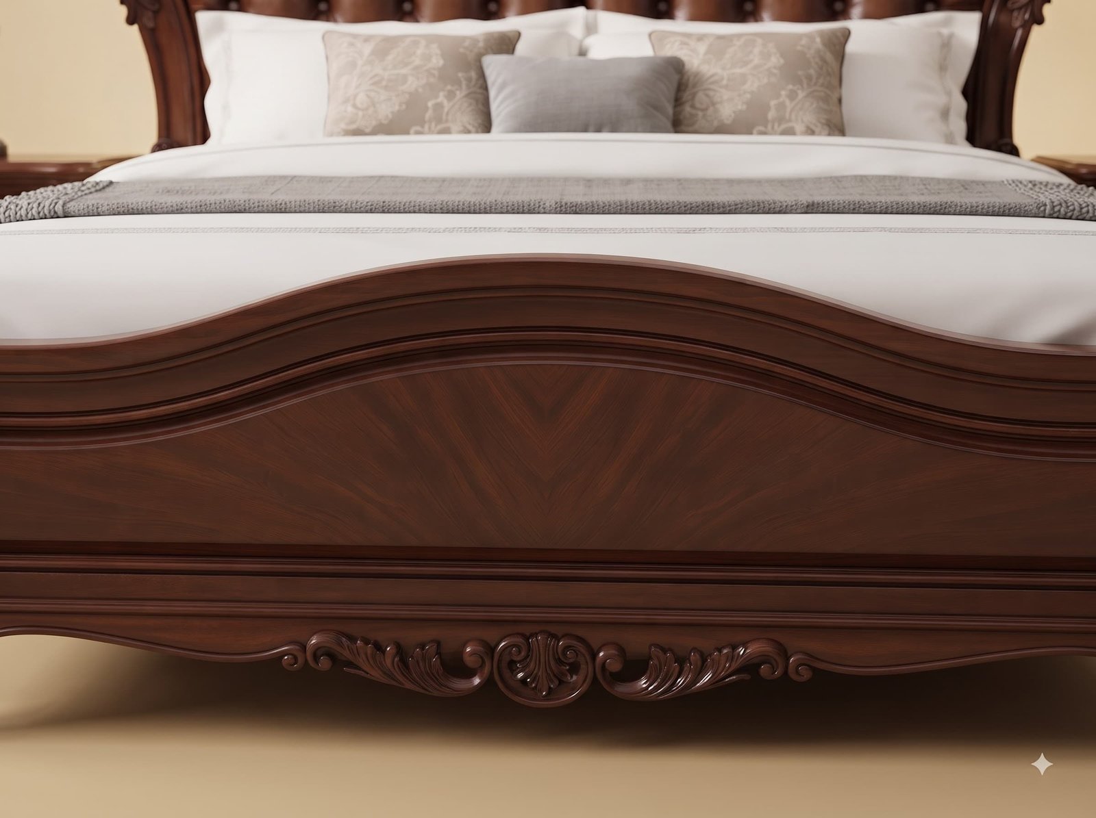Leather Bed in Solid Teak - King Size with Tan Buttoned Headboard - Image 3