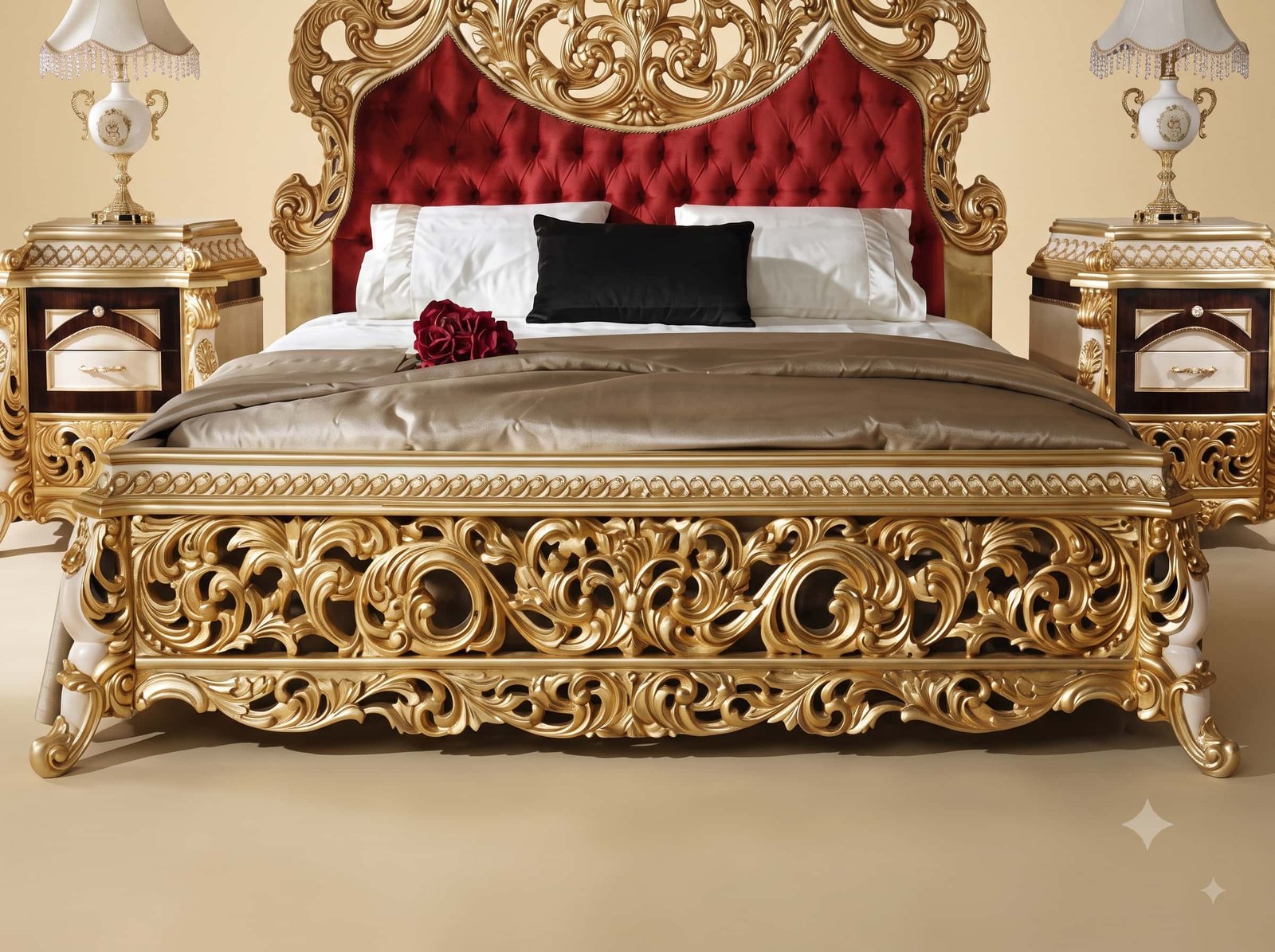 Red Velvet Bed in Carved Teak - Gold Openwork Footboard and Crest - Image 3