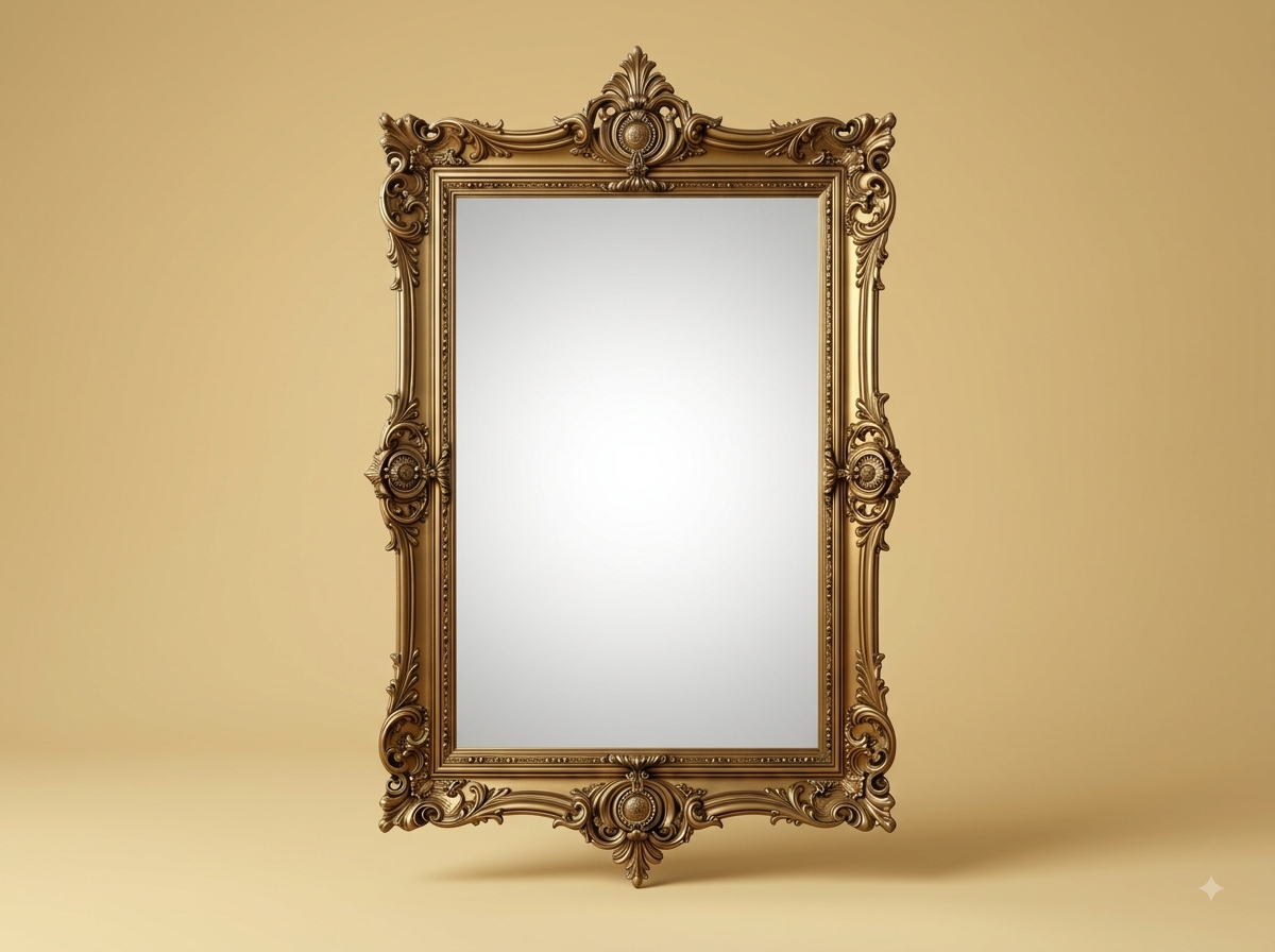 Hand-Carved Teak Wood Rococo Wall Mirror | Gold Shell Crest Slim Frame