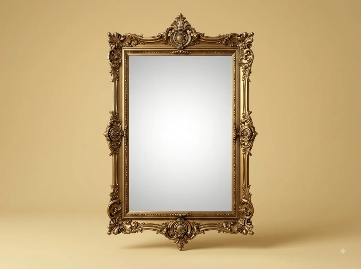 Hand-Carved Teak Wood Rococo Wall Mirror | Gold Shell Crest Slim Frame