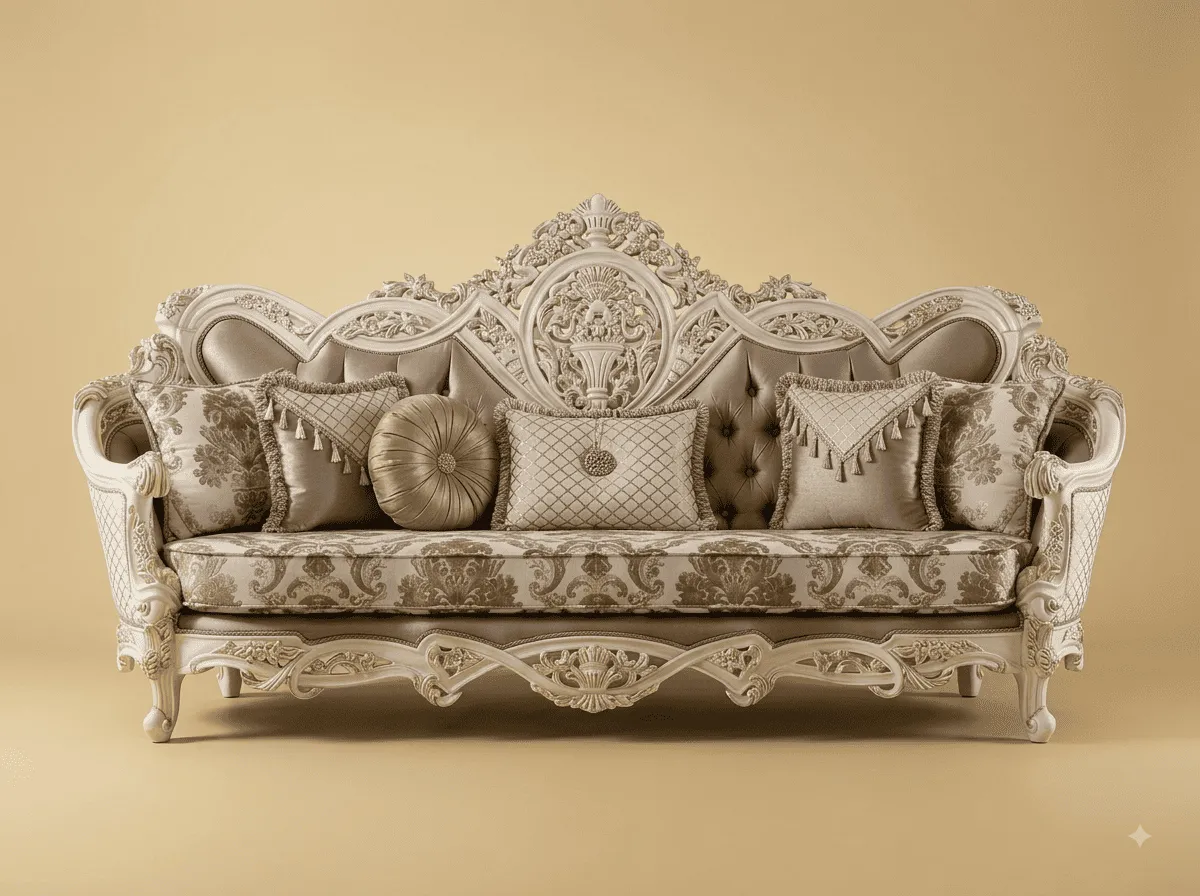 Royal Luxury Handcrafted Carved Teak Sofa | Antique White Carved Frame